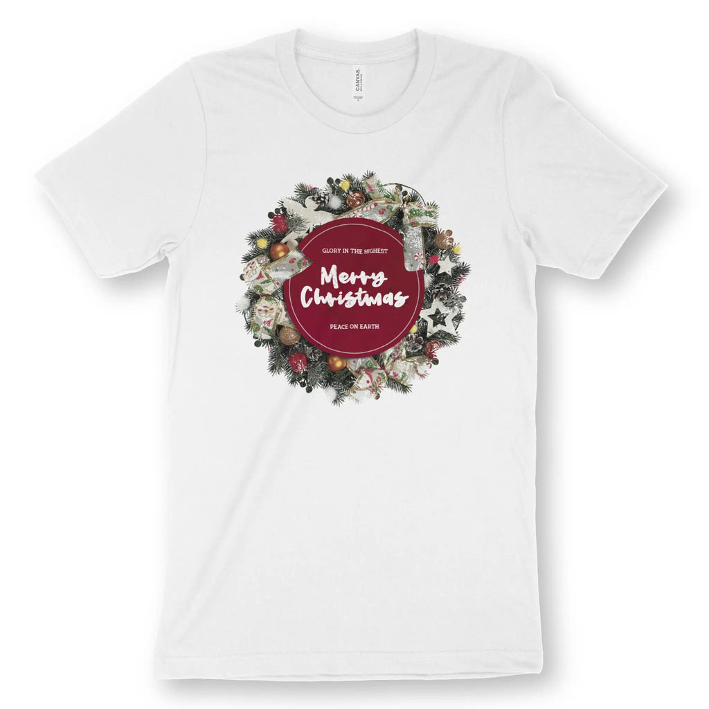 Merry Christmas Wreath – Unisex Christian T-Shirt designed by 3rd Day Christian Clothing.