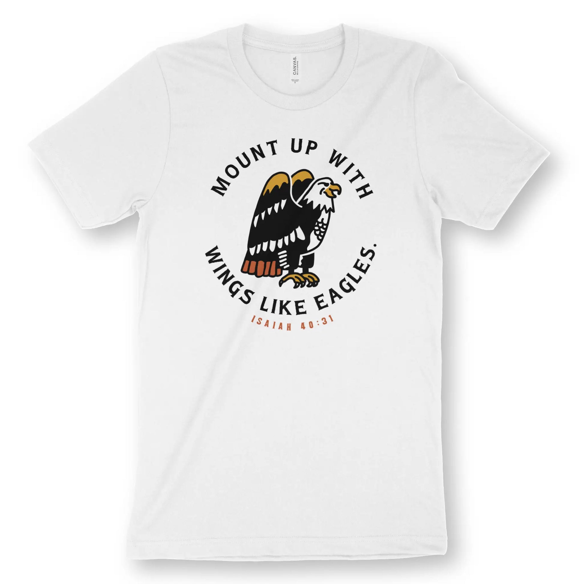 Mount Up (Isaiah 40:31) | Premium Unisex Christian T-Shirt, laid flat, designed by 3rd Day Christian Clothing UK