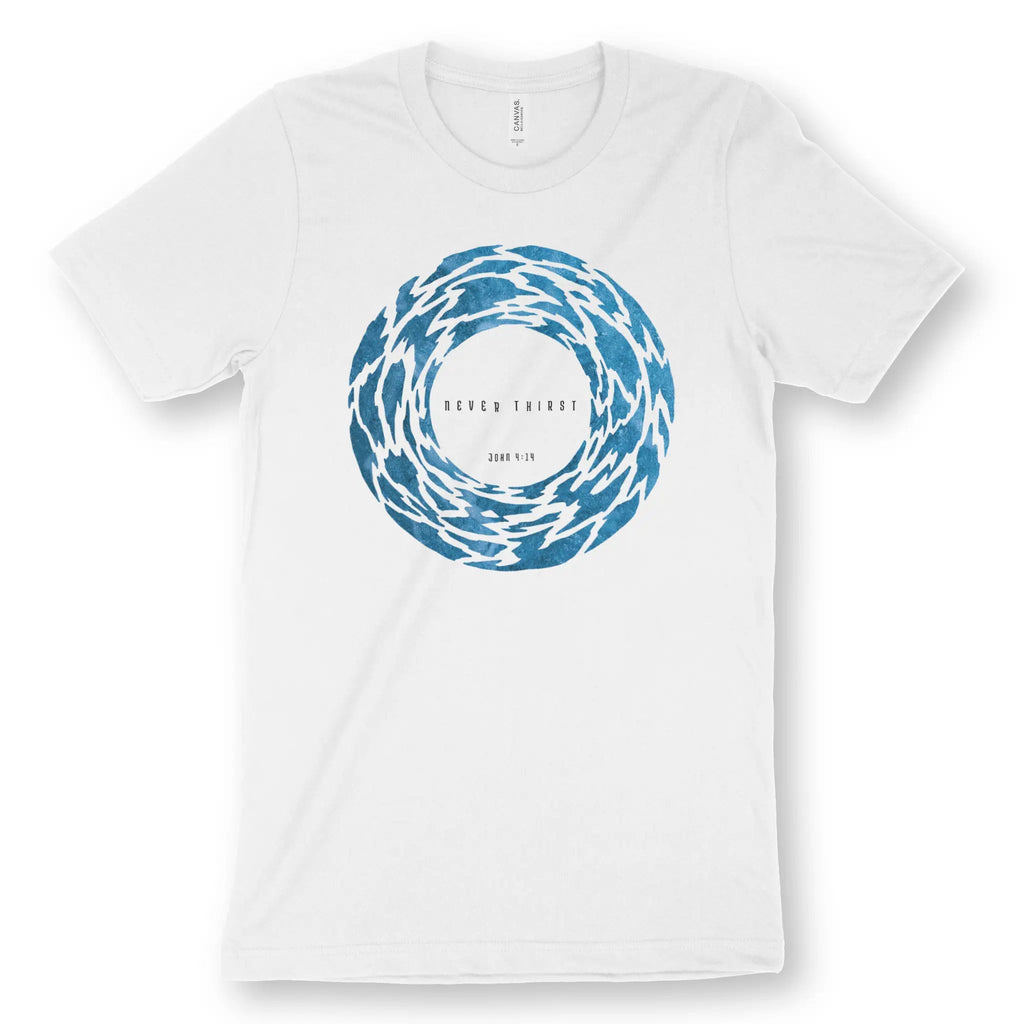 Never Thirst (John 4:14) – Unisex Christian T-Shirt designed by 3rd Day Christian Clothing.