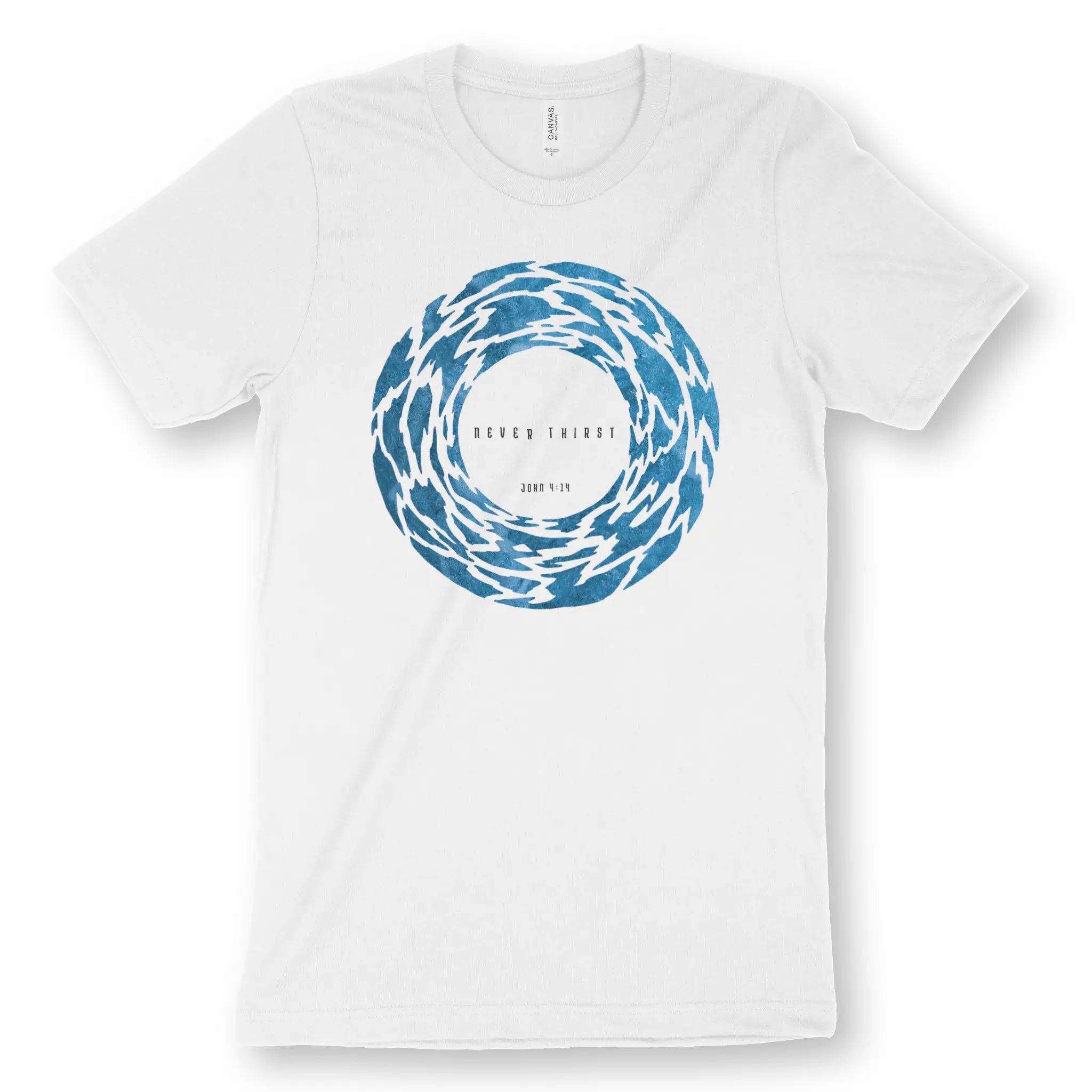 Never Thirst (John 4:14) – Unisex Christian T-Shirt designed by 3rd Day Christian Clothing.