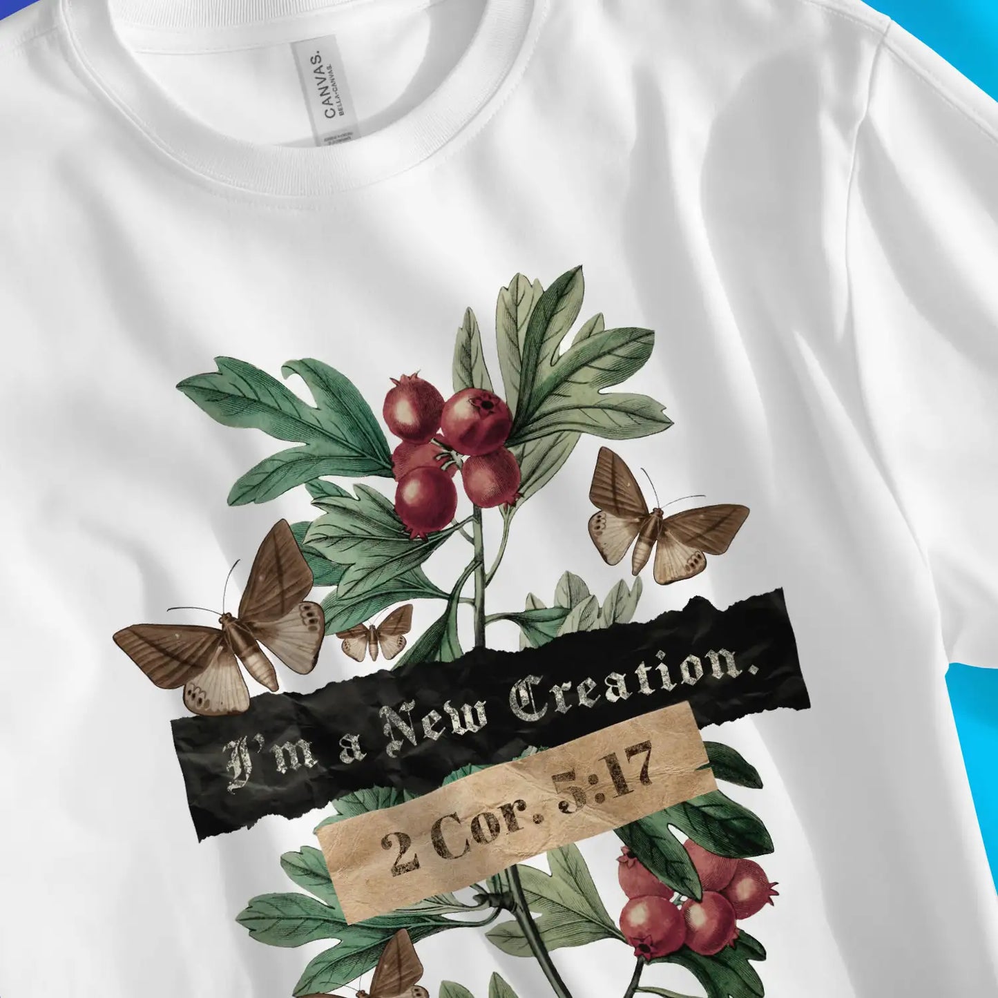 New Creation (2 Cor. 5:17) | Premium Unisex Christian T-Shirt, laid flat, designed by 3rd Day Christian Clothing UK