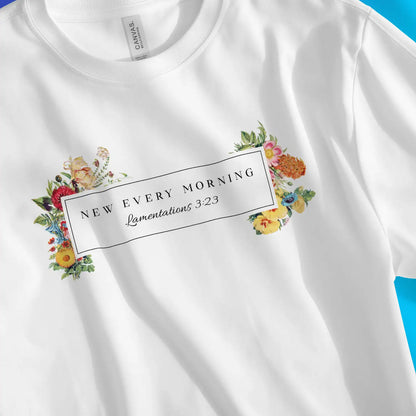 New Every Morning (Lam. 3:23) | Premium Unisex Christian T-Shirt, laid flat, designed by 3rd Day Christian Clothing UK