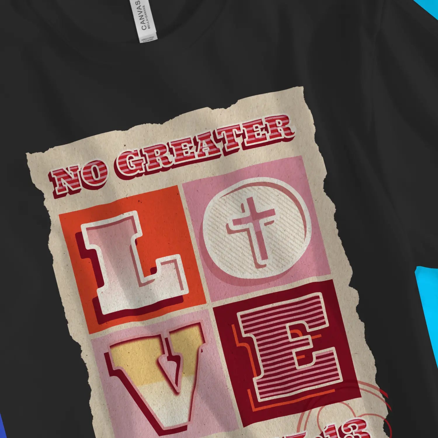 No Greater Love (John 15:13) | Premium Unisex Christian T-Shirt, laid flat, designed by 3rd Day Christian Clothing UK