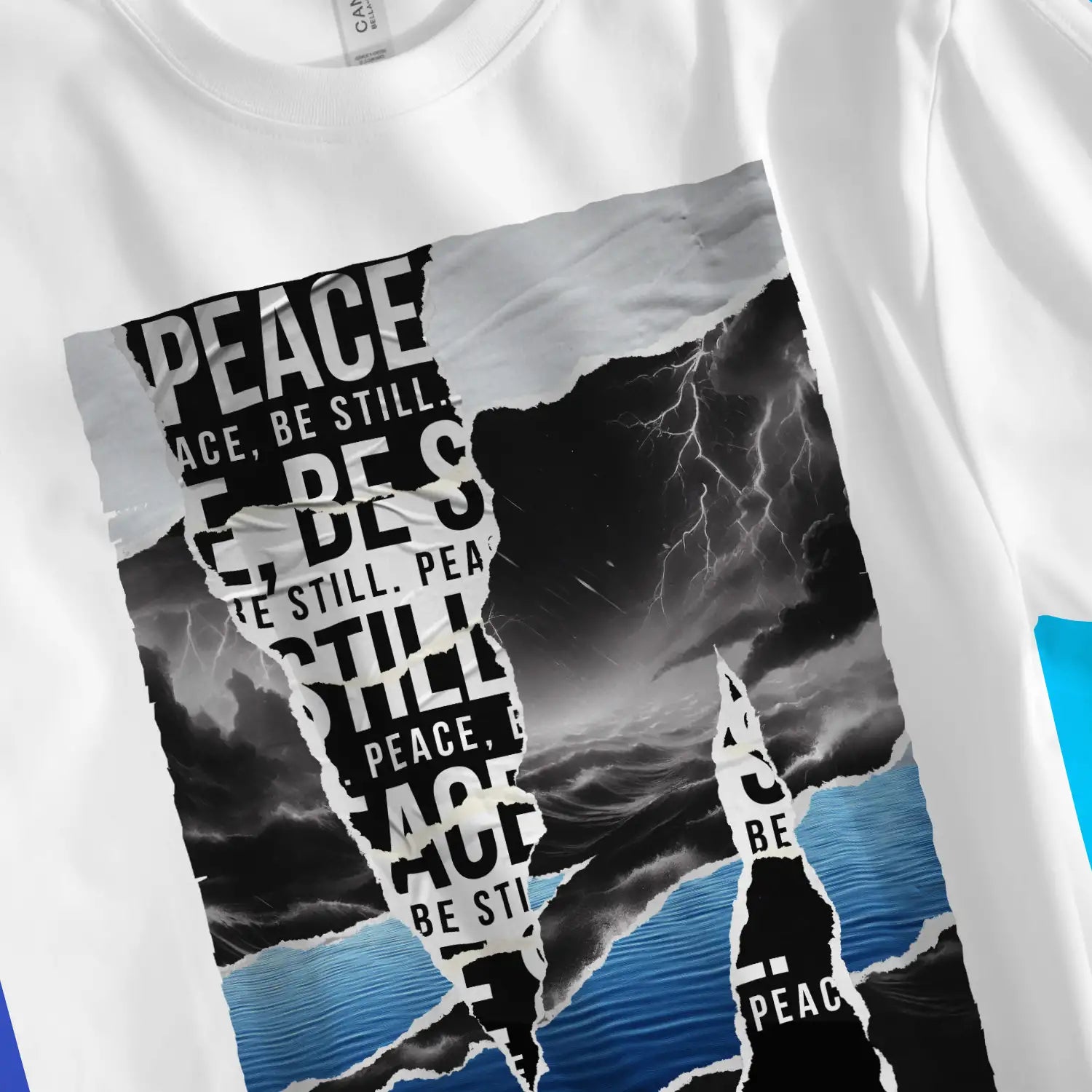 Peace Be Still (Storm/Calm) | Premium Unisex Christian T-Shirt, laid flat, designed by 3rd Day Christian Clothing UK