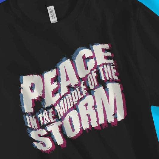 Peace In The Middle Of The Storm | Premium Unisex Christian T-Shirt, laid flat, designed by 3rd Day Christian Clothing UK