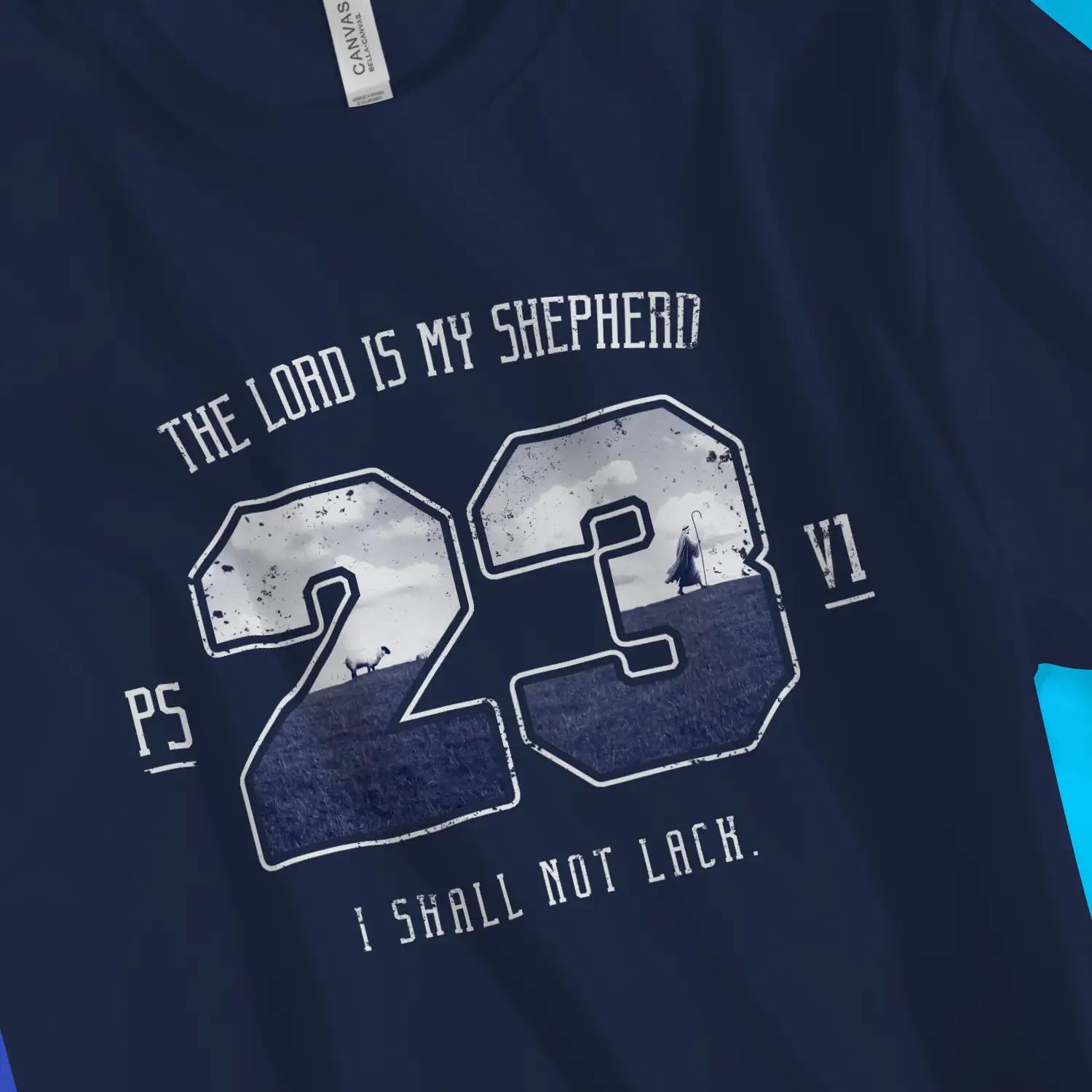 Psalm 23v1 (Photographic) | Premium Unisex Christian T-Shirt, laid flat, designed by 3rd Day Christian Clothing UK