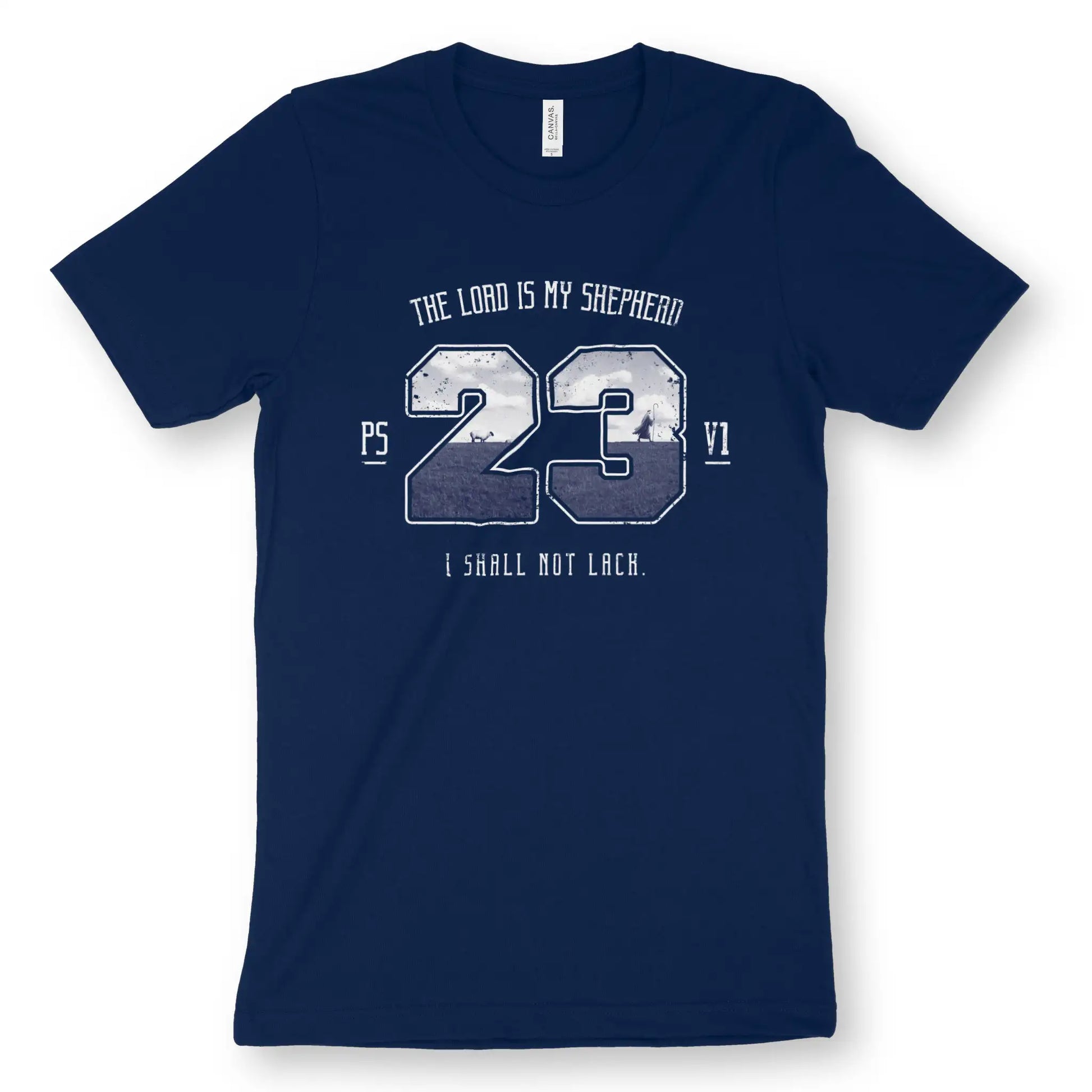 Psalm 23v1 (Photographic) | Premium Unisex Christian T-Shirt, laid flat, designed by 3rd Day Christian Clothing UK