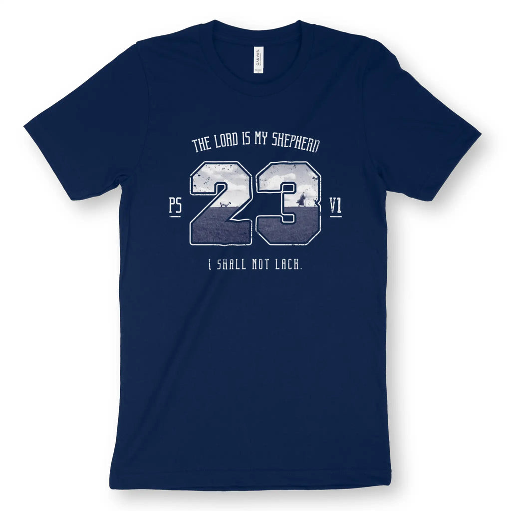 Psalm 23v1 (Photographic) – Unisex Christian T-Shirt designed by 3rd Day Christian Clothing.