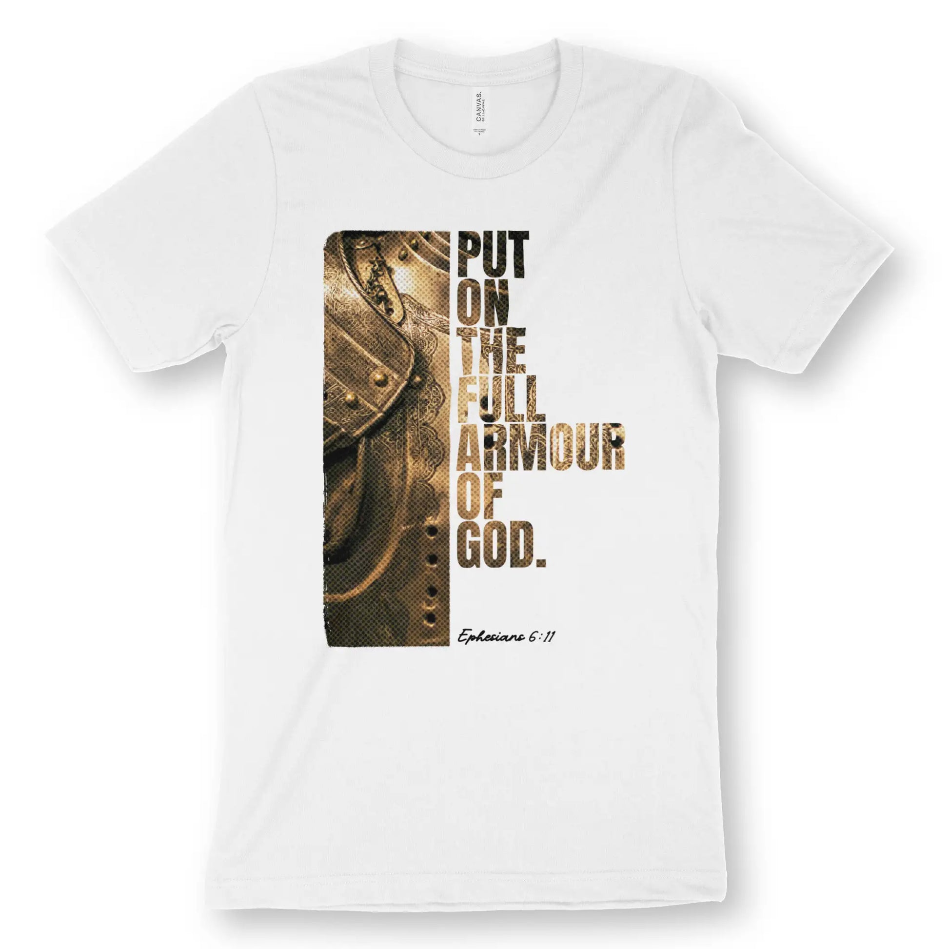 Put On The Full Armour of God | Premium Unisex Christian T-Shirt, laid flat, designed by 3rd Day Christian Clothing UK