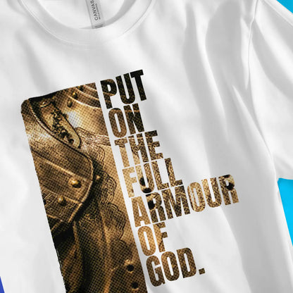 Put On The Full Armour of God | Premium Unisex Christian T-Shirt, laid flat, designed by 3rd Day Christian Clothing UK