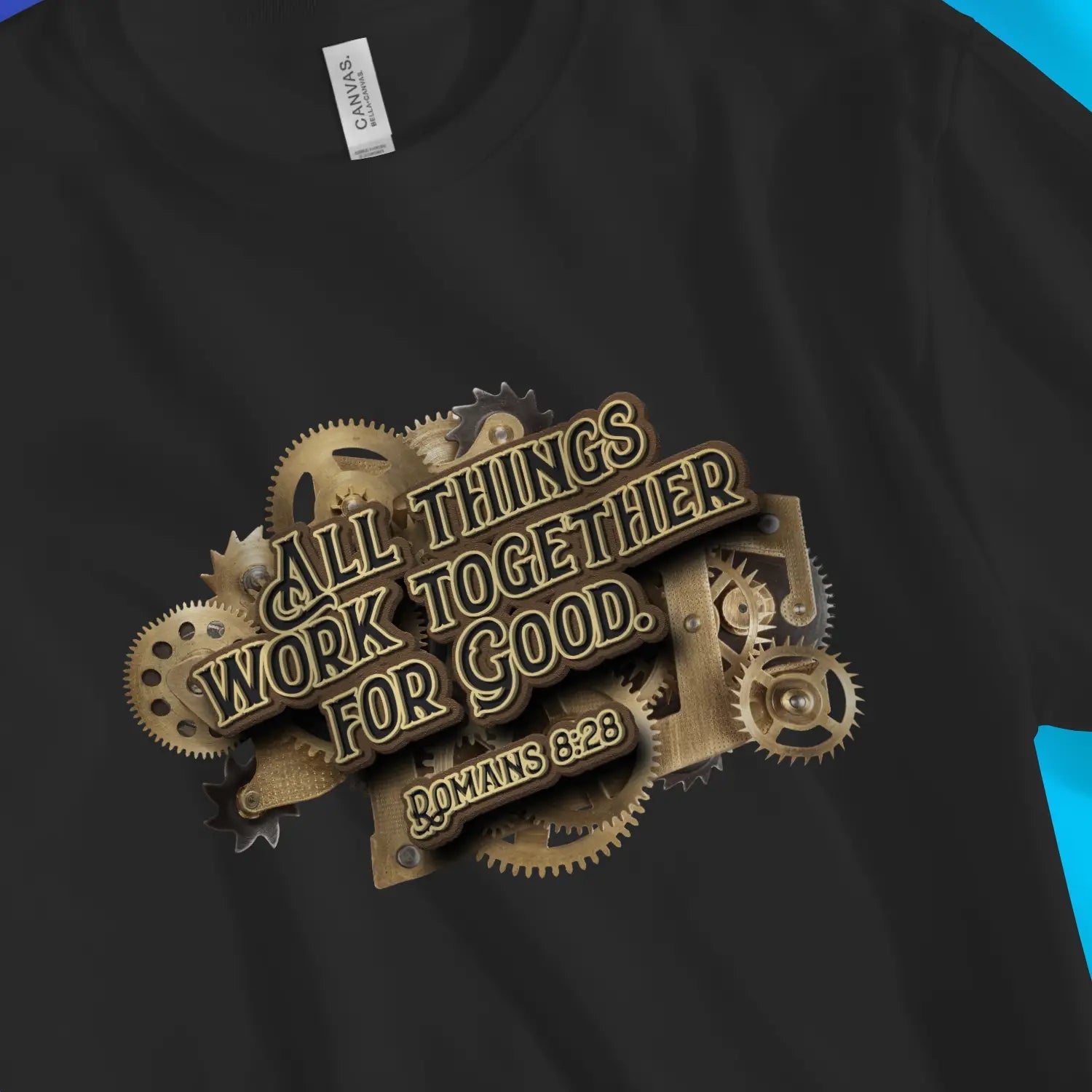 Romans 8:28 (Mechanical) – Unisex Christian T-Shirt designed by 3rd Day Christian Clothing.