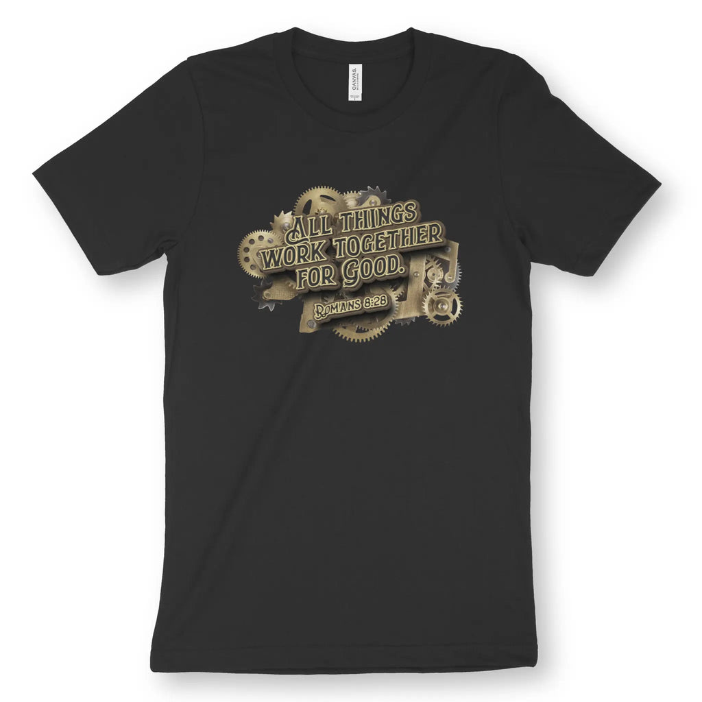 Romans 8:28 (Mechanical) – Unisex Christian T-Shirt designed by 3rd Day Christian Clothing.