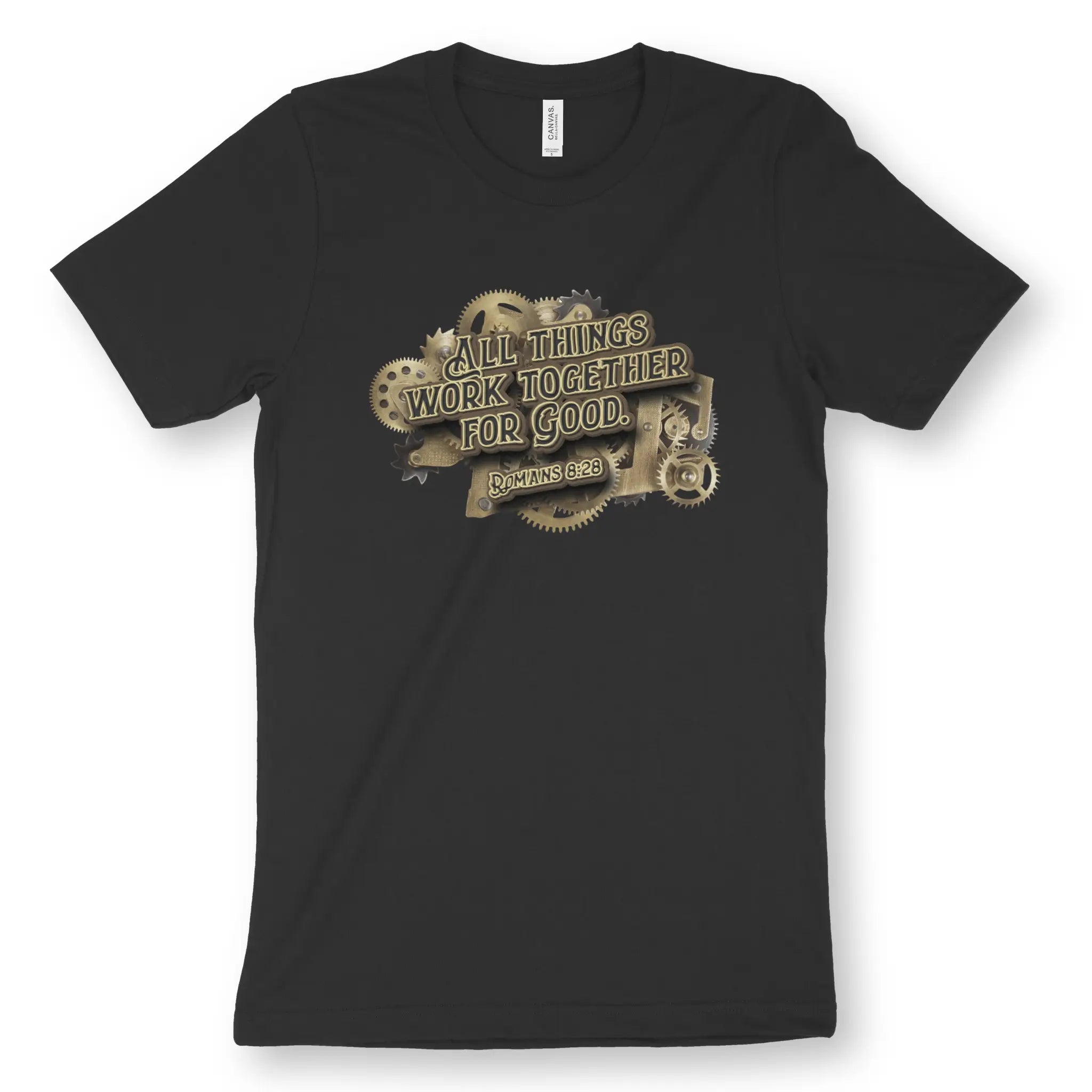 Romans 8:28 (Mechanical) – Unisex Christian T-Shirt designed by 3rd Day Christian Clothing.
