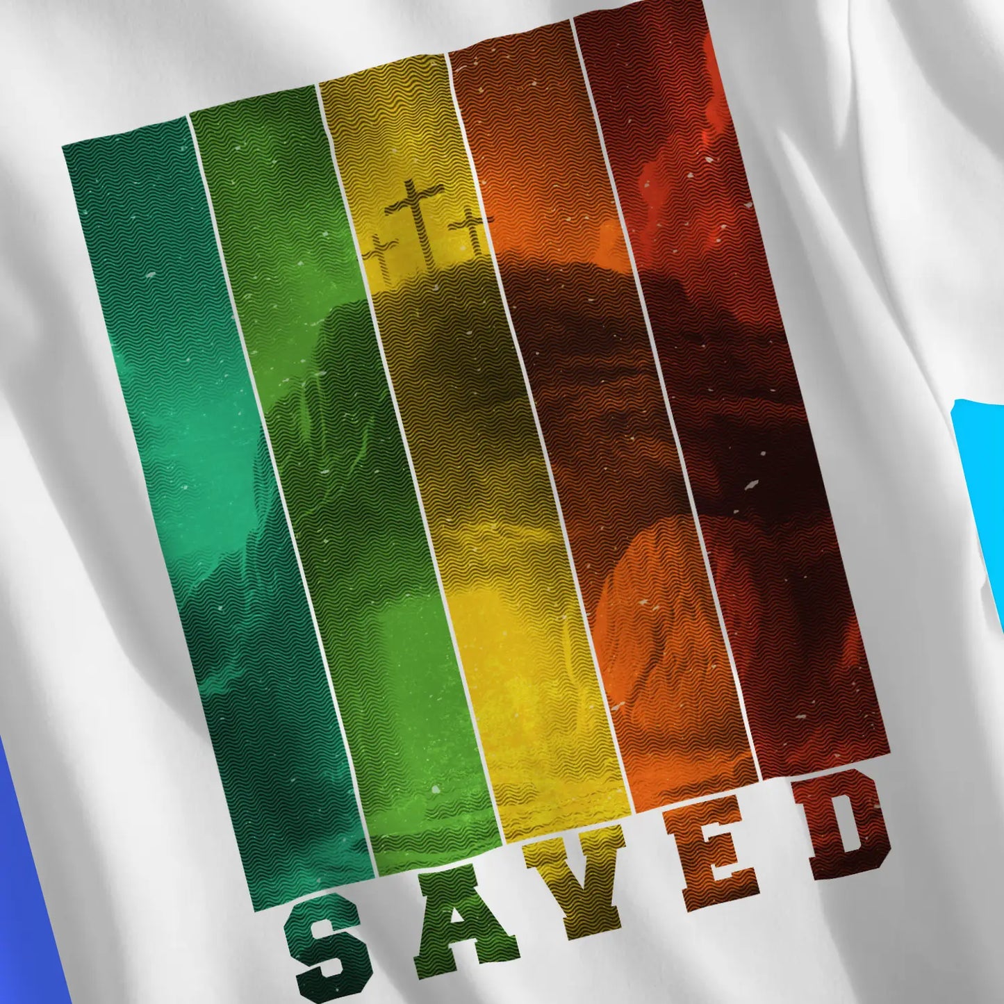 SAVED (Stripes) | Premium Unisex Christian T-Shirt, laid flat, designed by 3rd Day Christian Clothing UK