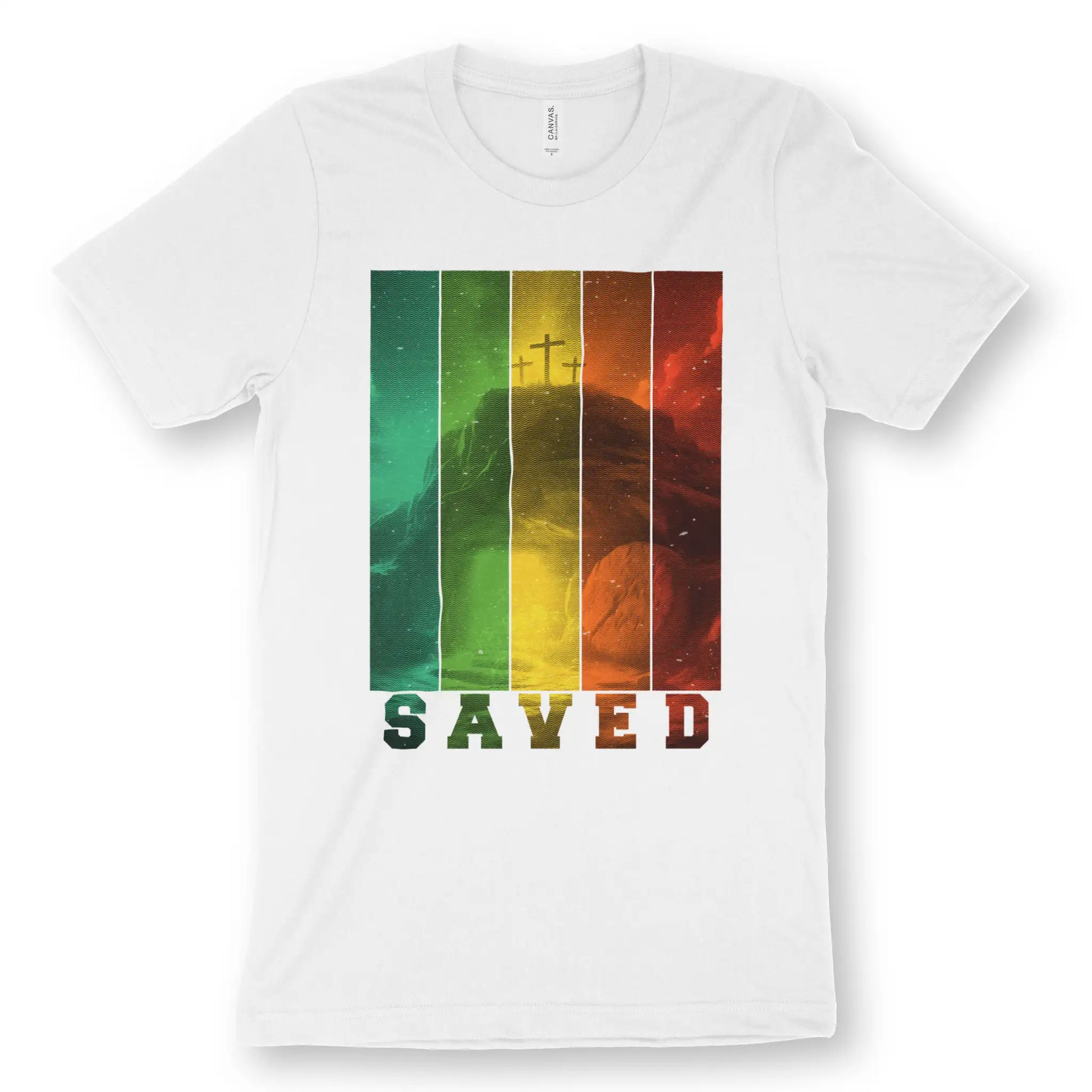 SAVED (Stripes) | Premium Unisex Christian T-Shirt, laid flat, designed by 3rd Day Christian Clothing UK