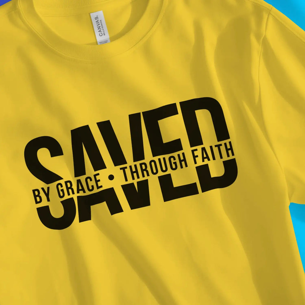 SAVED (By Grace • Through Faith) – Unisex Christian T-Shirt designed by 3rd Day Christian Clothing.