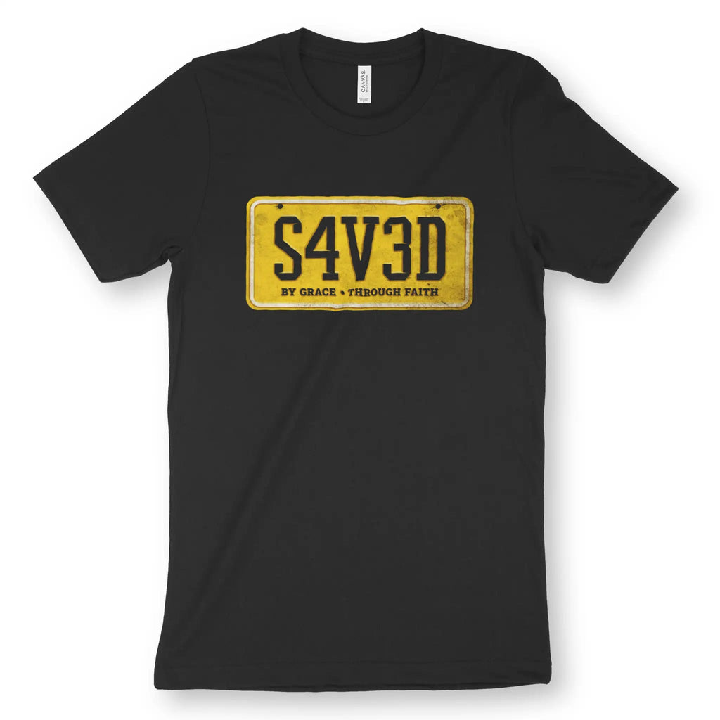 SAVED (Number Plate) – Unisex Christian T-Shirt designed by 3rd Day Christian Clothing.