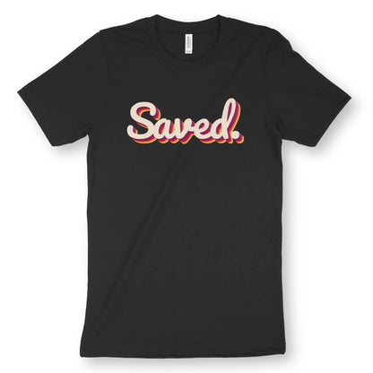 Saved. (3D) | Premium Unisex Christian T-Shirt, laid flat, designed by 3rd Day Christian Clothing UK