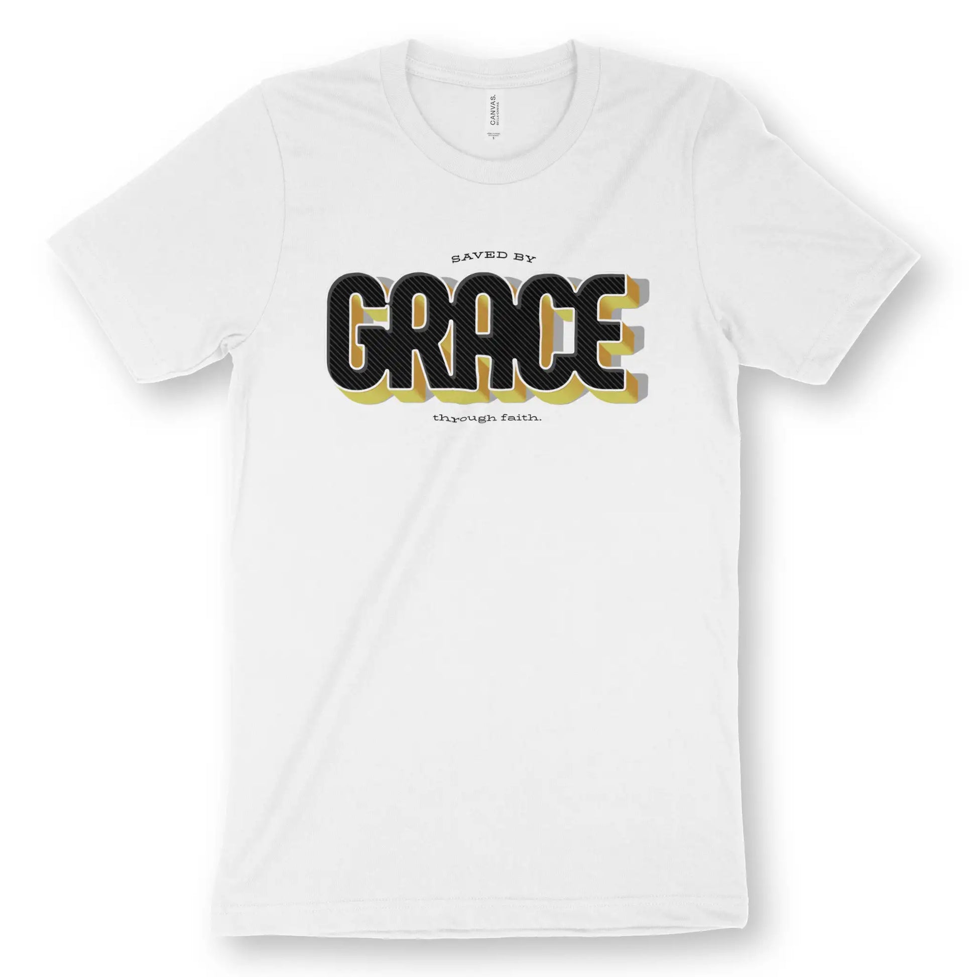 Saved By GRACE (3D) | Premium Unisex Christian T-Shirt, laid flat, designed by 3rd Day Christian Clothing UK