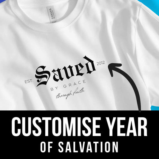 Saved By Grace (CUSTOM) | Premium Unisex Christian T-Shirt, laid flat, designed by 3rd Day Christian Clothing UK