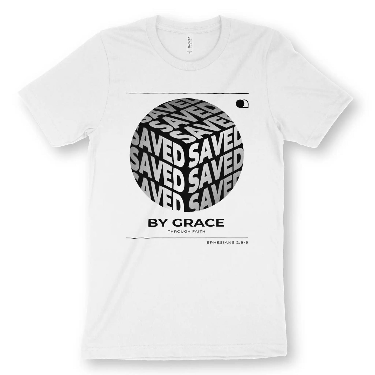 Saved By Grace (Cube) 2.0 | Premium Unisex Christian T-Shirt, laid flat, designed by 3rd Day Christian Clothing UK