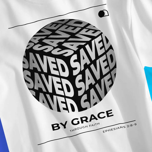 Saved By Grace (Cube) 2.0 | Premium Unisex Christian T-Shirt, laid flat, designed by 3rd Day Christian Clothing UK