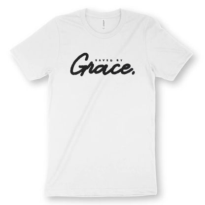 Saved By Grace (Ink) | Premium Unisex Christian T-Shirt, laid flat, designed by 3rd Day Christian Clothing UK