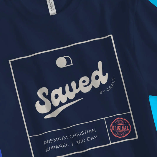 An image of Saved By Grace (Label) | Premium Unisex Christian T-shirt available at 3rd Day Christian Clothing UK