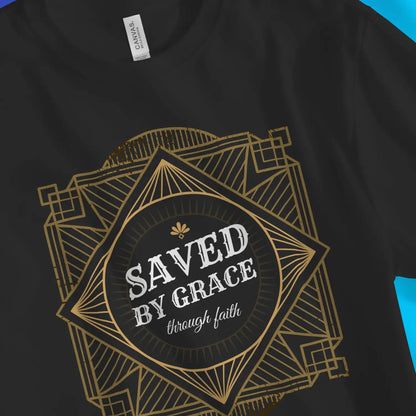 Saved By Grace (Old-Style) | Premium Unisex Christian T-Shirt, laid flat, designed by 3rd Day Christian Clothing UK