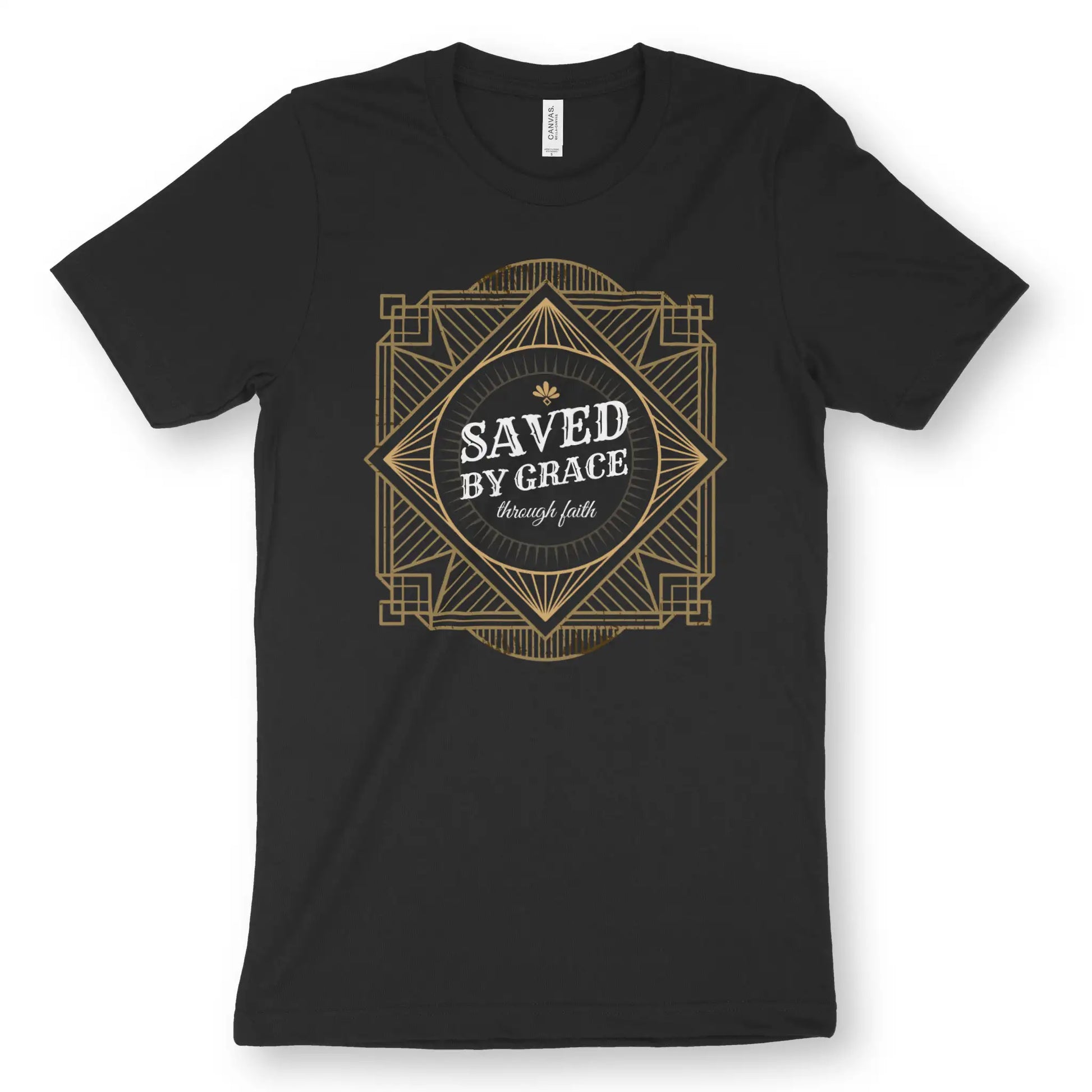 Saved By Grace (Old-Style) | Premium Unisex Christian T-Shirt, laid flat, designed by 3rd Day Christian Clothing UK