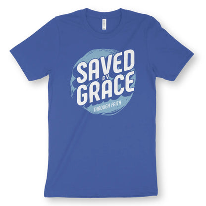 Saved By Grace Through Faith (3D) | Premium Unisex Christian T-Shirt, laid flat, designed by 3rd Day Christian Clothing UK