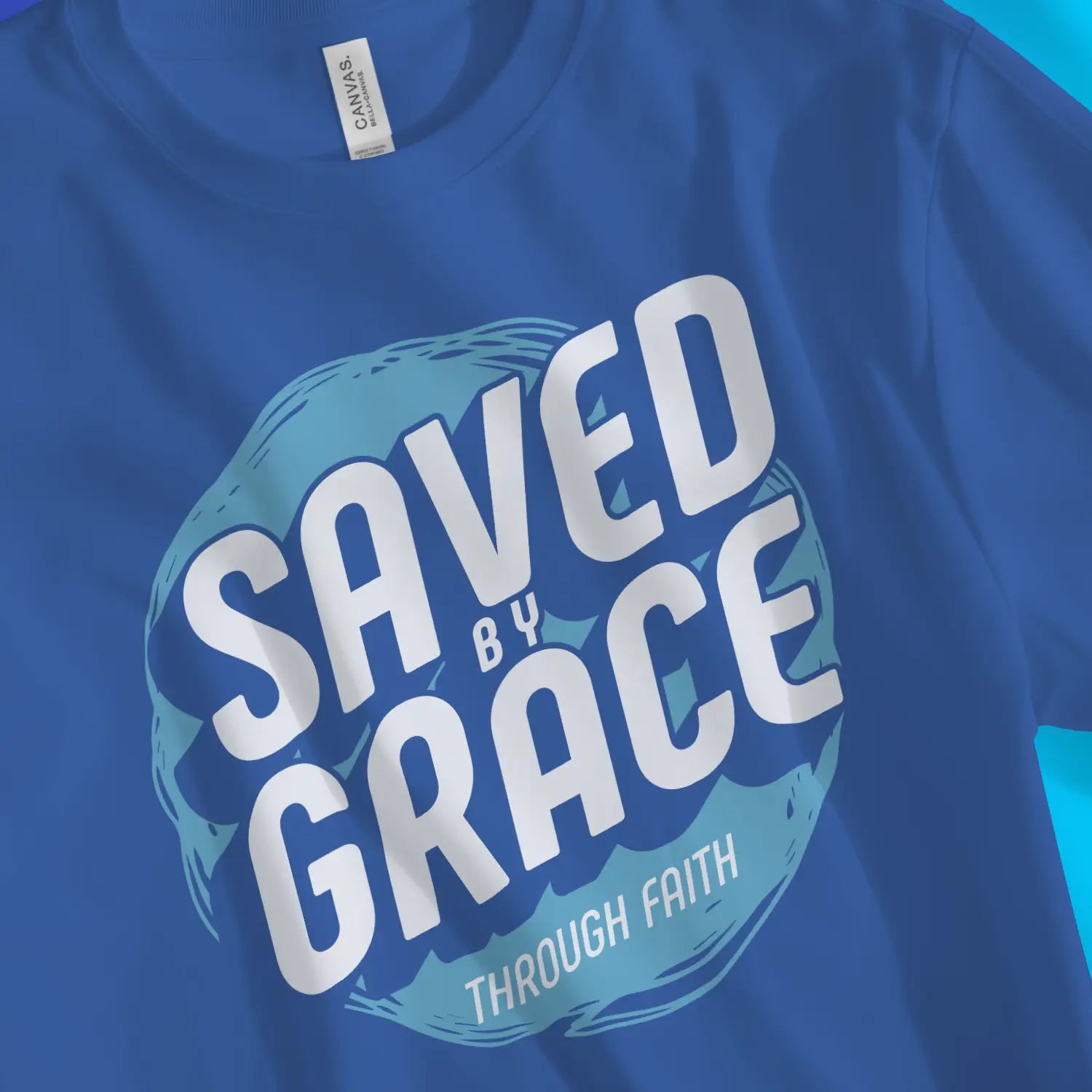 Saved By Grace Through Faith (3D) | Premium Unisex Christian T-Shirt, laid flat, designed by 3rd Day Christian Clothing UK