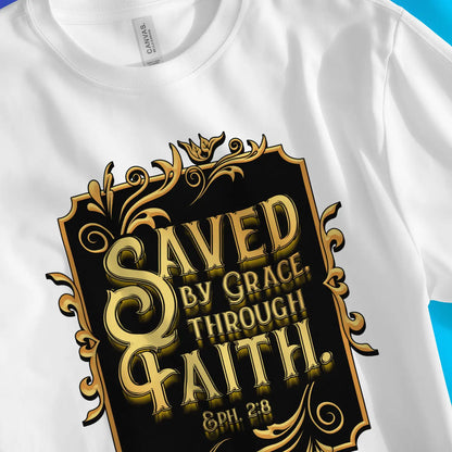 Saved By Grace Through Faith (Gold) | Premium Unisex Christian T-Shirt, laid flat, designed by 3rd Day Christian Clothing UK