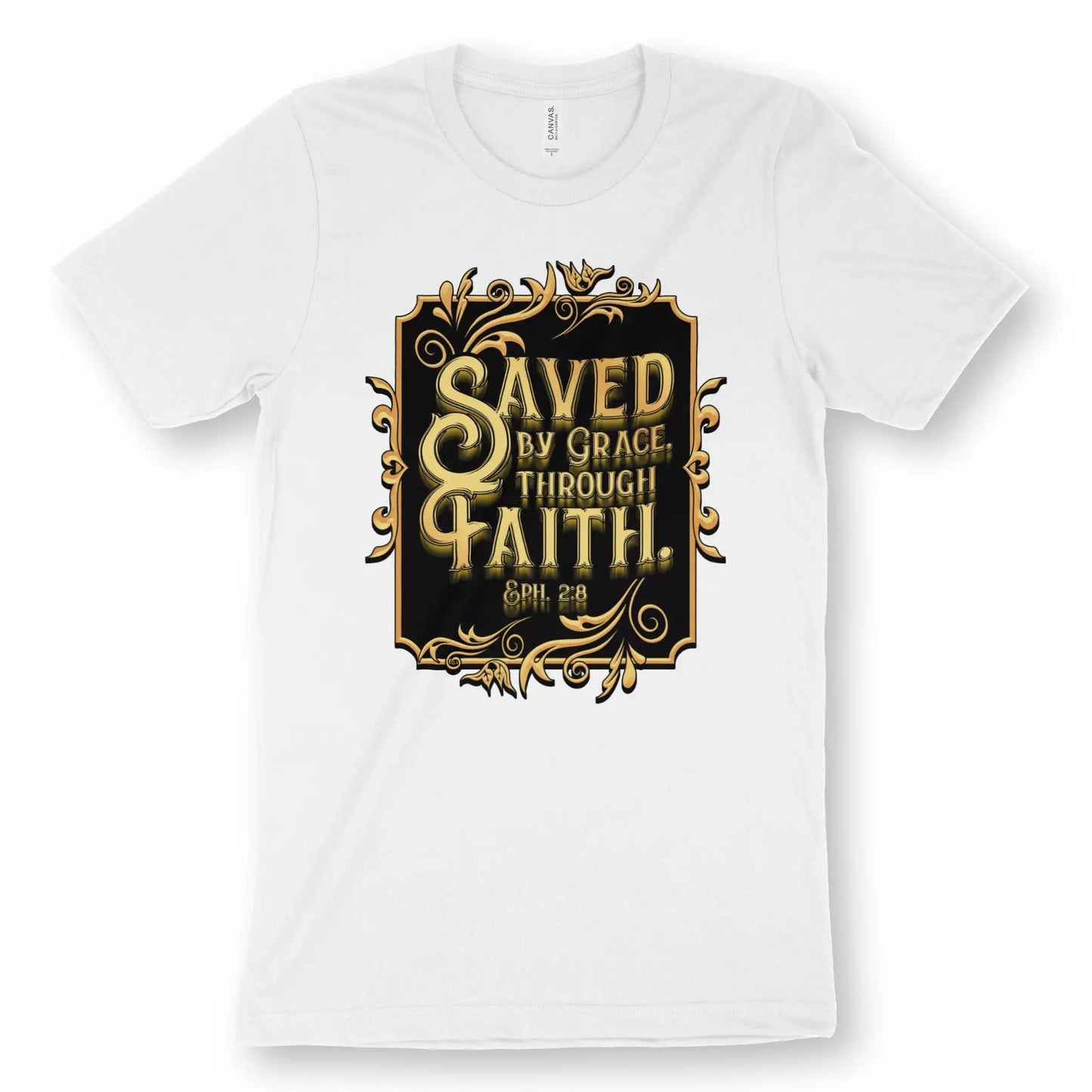 Saved By Grace Through Faith (Gold) | Premium Unisex Christian T-Shirt, laid flat, designed by 3rd Day Christian Clothing UK