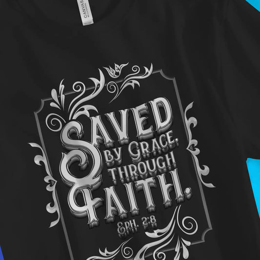 Saved By Grace Through Faith (Silver) 2.0 | Premium Unisex Christian T-Shirt, laid flat, designed by 3rd Day Christian Clothing UK