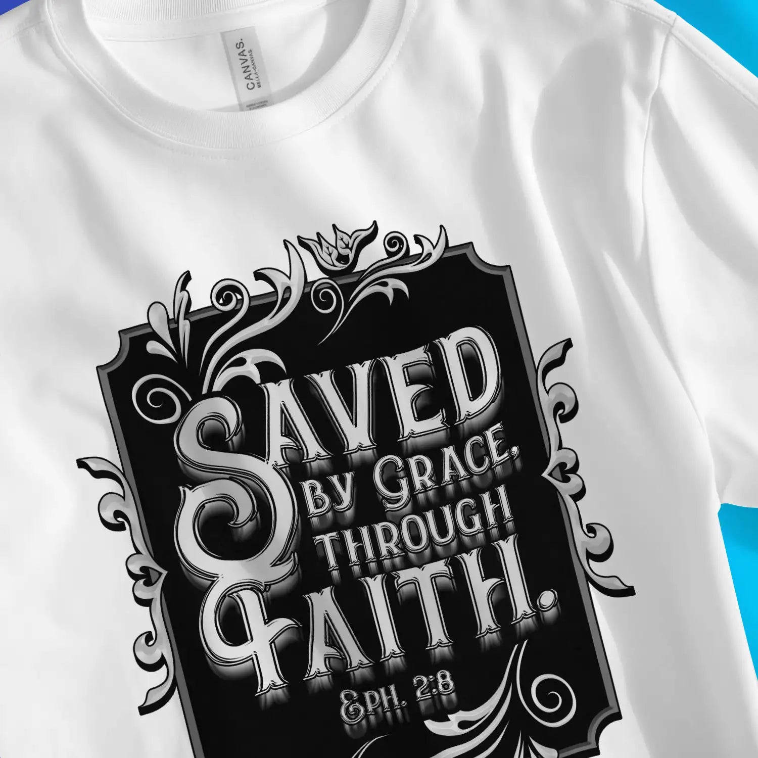 Saved By Grace Through Faith (Silver) | Premium Unisex Christian T-Shirt, laid flat, designed by 3rd Day Christian Clothing UK