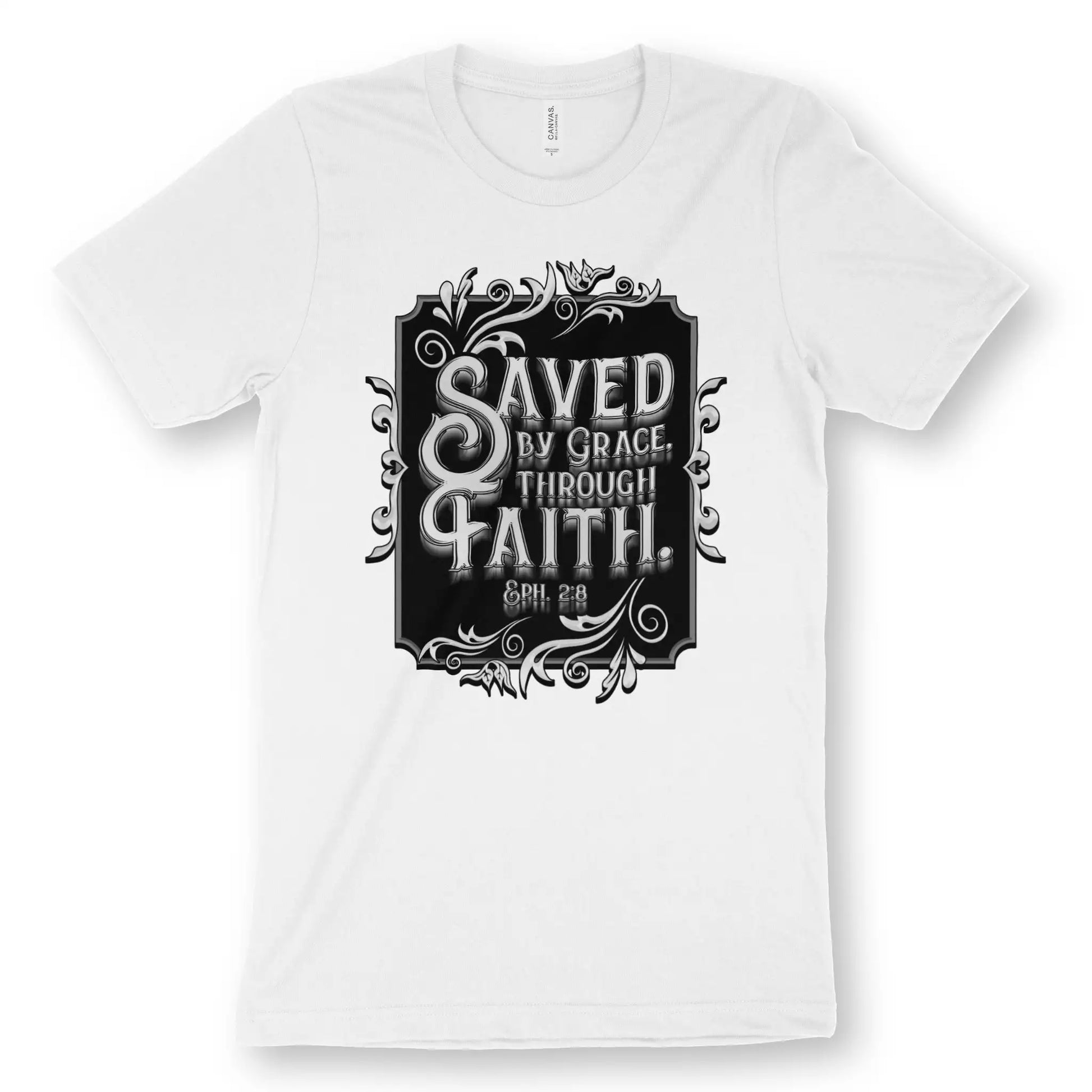 Saved By Grace Through Faith (Silver) | Premium Unisex Christian T-Shirt, laid flat, designed by 3rd Day Christian Clothing UK