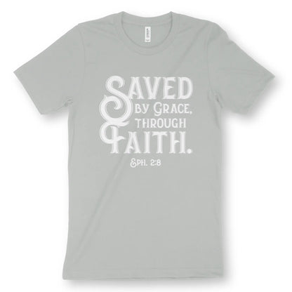 Saved By Grace Through Faith (Vintage) 2.0 | Premium Unisex Christian T-Shirt, laid flat, designed by 3rd Day Christian Clothing UK