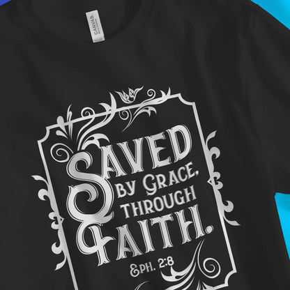 Saved By Grace Through Faith (Vintage) | Premium Unisex Christian T-Shirt, laid flat, designed by 3rd Day Christian Clothing UK