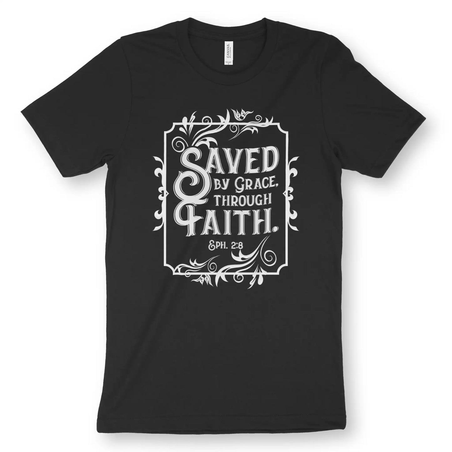 Saved By Grace Through Faith (Vintage) | Premium Unisex Christian T-Shirt, laid flat, designed by 3rd Day Christian Clothing UK