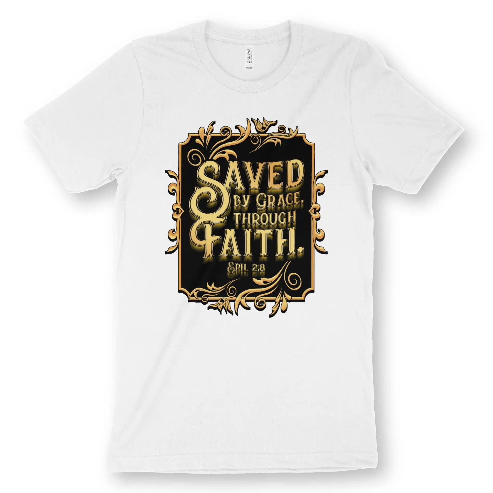 Saved By Grace Through Faith (Gold) | Premium Unisex Christian T-Shirt designed by 3rd Day Christian Clothing.