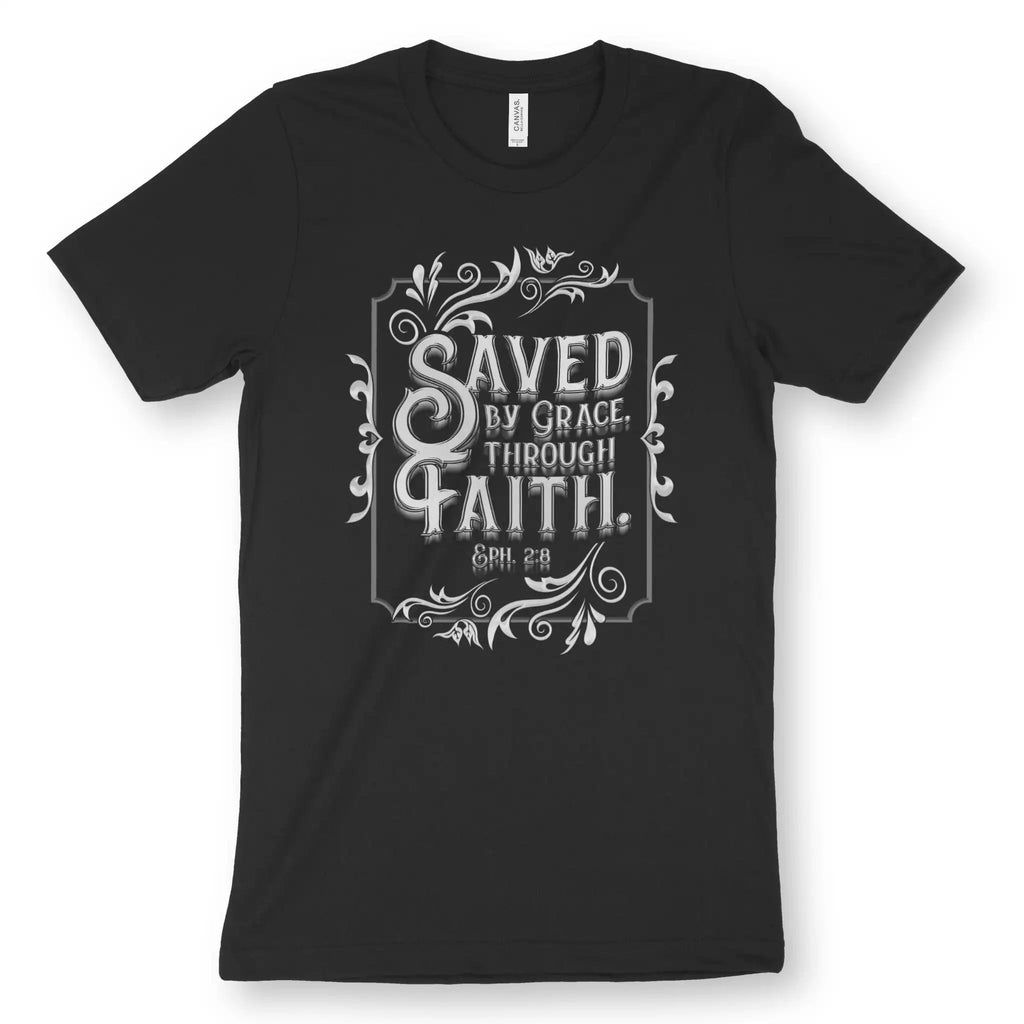 Saved By Grace Through Faith (Silver) 2.0 – Unisex Christian T-Shirt designed by 3rd Day Christian Clothing.