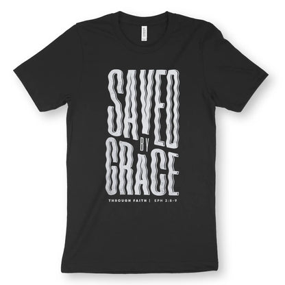 Saved By Grace (Wavy) | Premium Unisex Christian T-Shirt, laid flat, designed by 3rd Day Christian Clothing UK