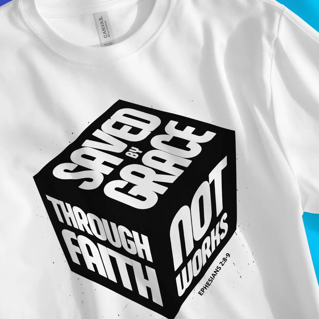 Saved By Grace (3D Cube) – Unisex Christian T-Shirt designed by 3rd Day Christian Clothing.