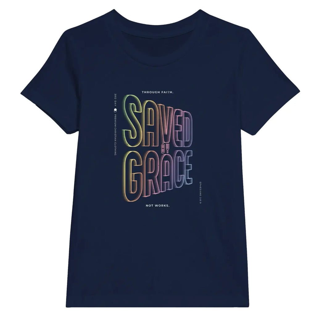 Saved By Grace (Neon Echo) 2.0 – Kids' Christian T-Shirt designed by 3rd Day Christian Clothing.