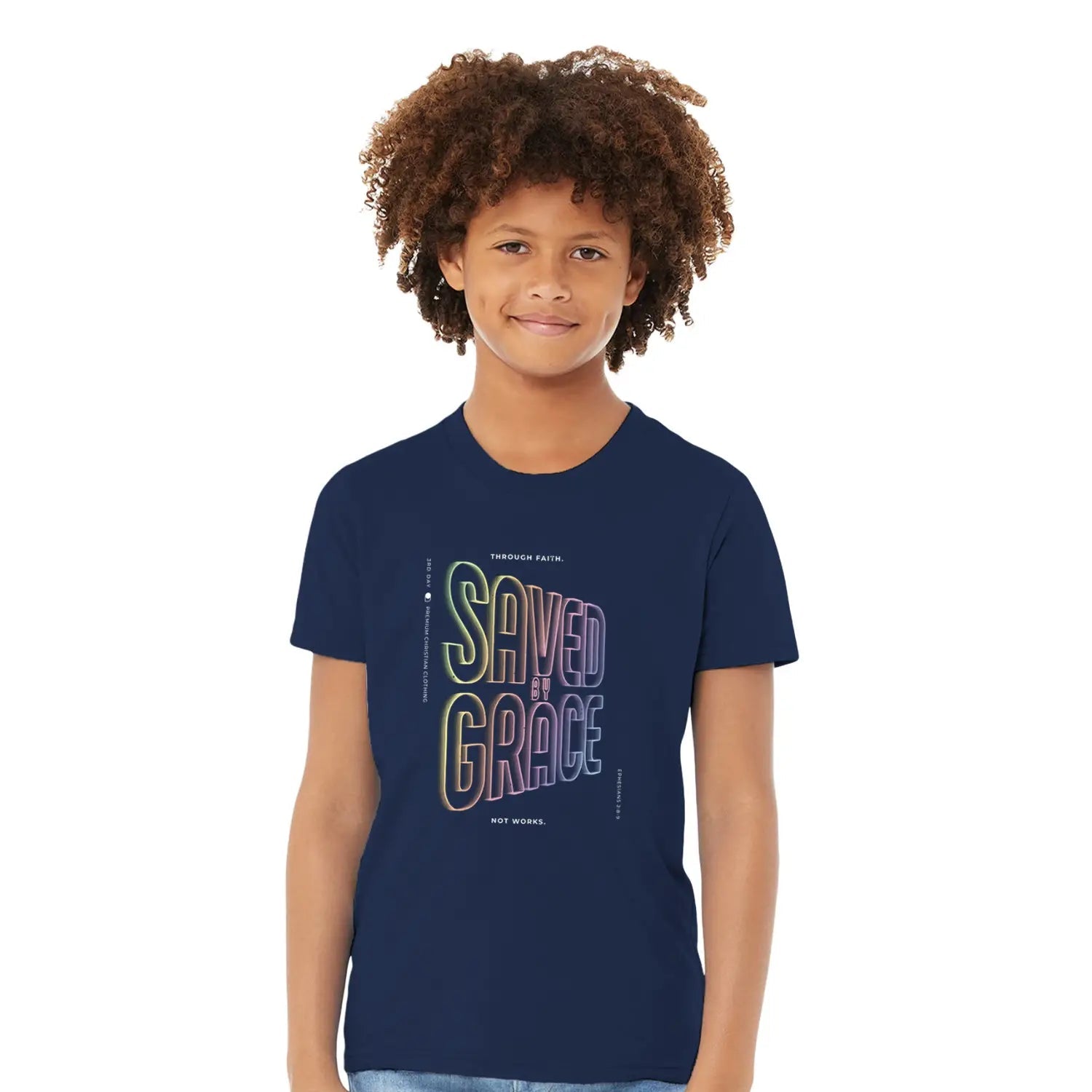 Saved By Grace (Neon Echo) 2.0 – Kids' Christian T-Shirt designed by 3rd Day Christian Clothing.