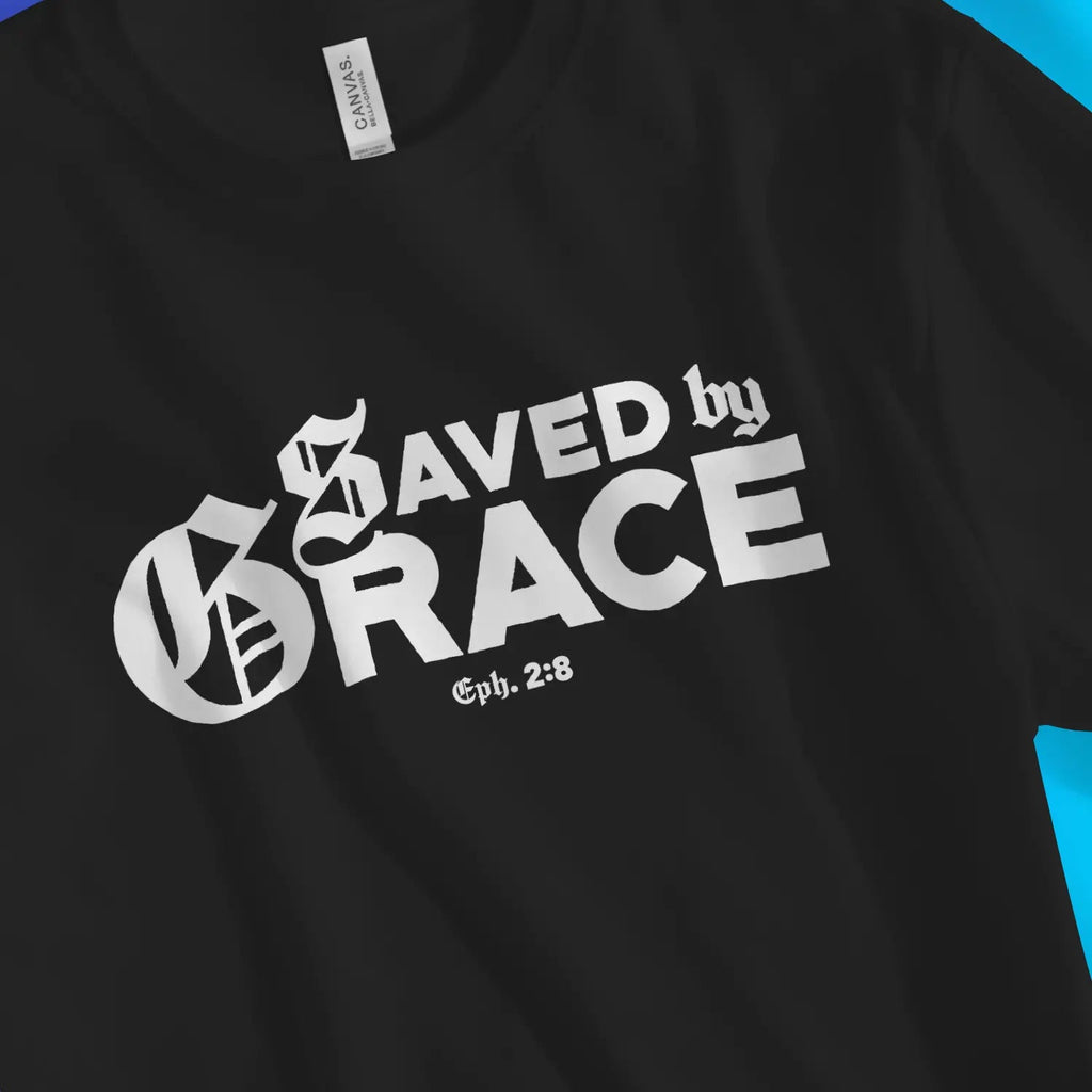 Saved By Grace (Typographic Mix) – Unisex Christian T-Shirt designed by 3rd Day Christian Clothing.