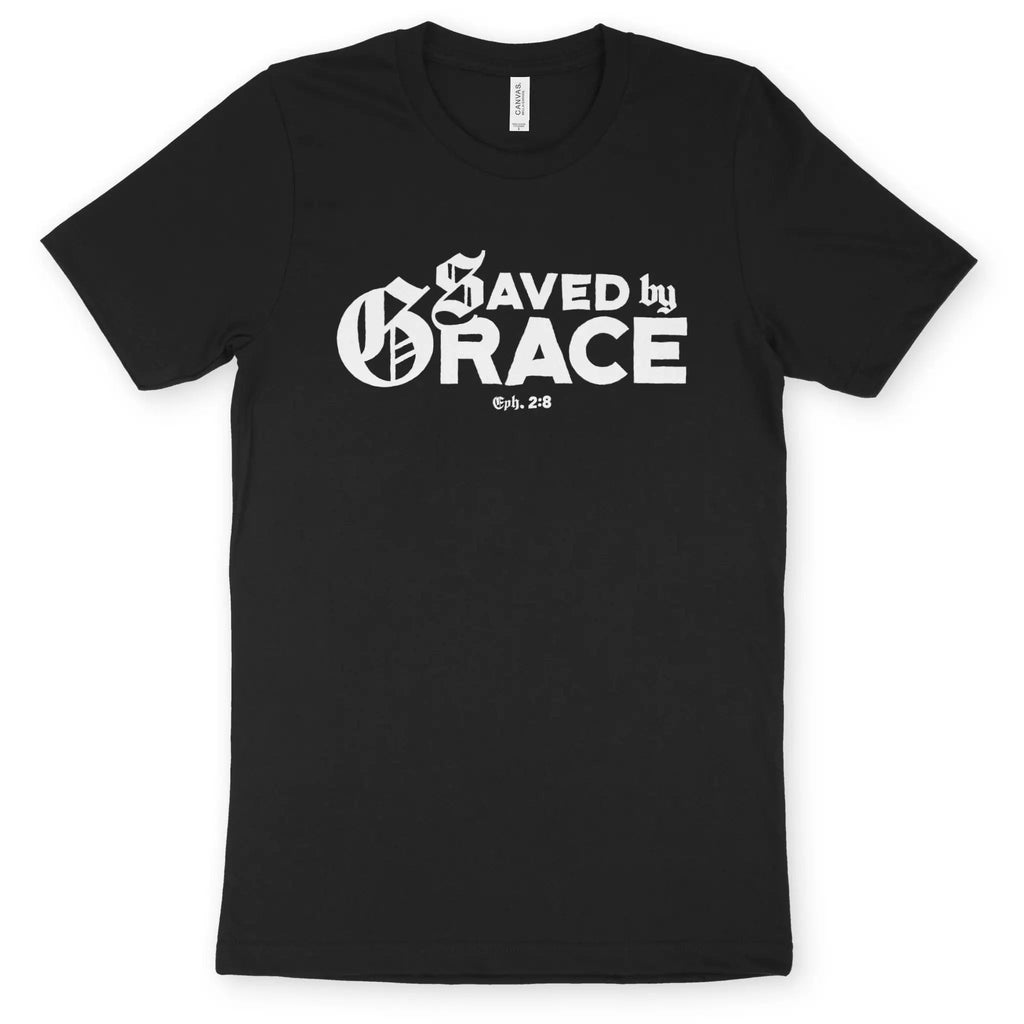 Saved By Grace (Typographic Mix) – Unisex Christian T-Shirt designed by 3rd Day Christian Clothing.