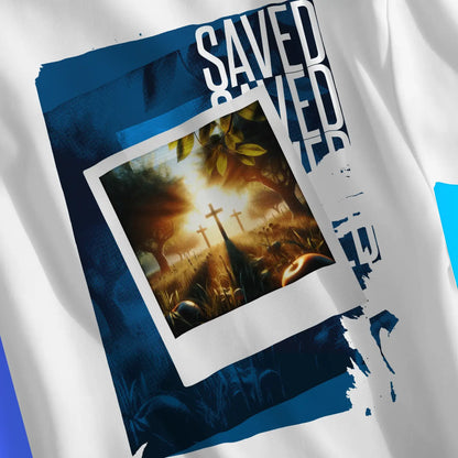 Saved (Photographic) 2.0 | Premium Unisex Christian T-Shirt, laid flat, designed by 3rd Day Christian Clothing UK