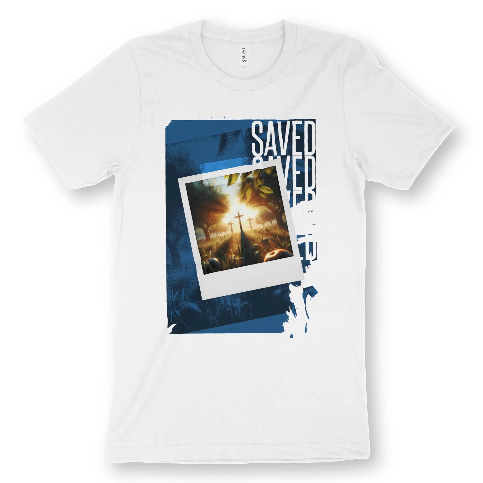 Saved (Photographic) 2.0 | Premium Unisex Christian T-Shirt, laid flat, designed by 3rd Day Christian Clothing UK